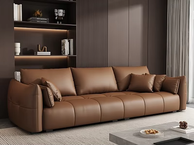 Elegant Living Room Interior With Brown Leather Sofa Textured Walls And Decorative Bookshelf 3d model