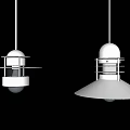 Two Modern Pendant Lights With White Shade And Metal Structure In Dark Interior