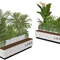 Outdoor Potted Plants In Speckled Planter Boxes With Wooden Seats And Various Greenery