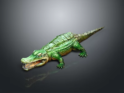Realistic Green Crocodile Toy Figure With Open Mouth Detailed Scales On Dark Background 3d model