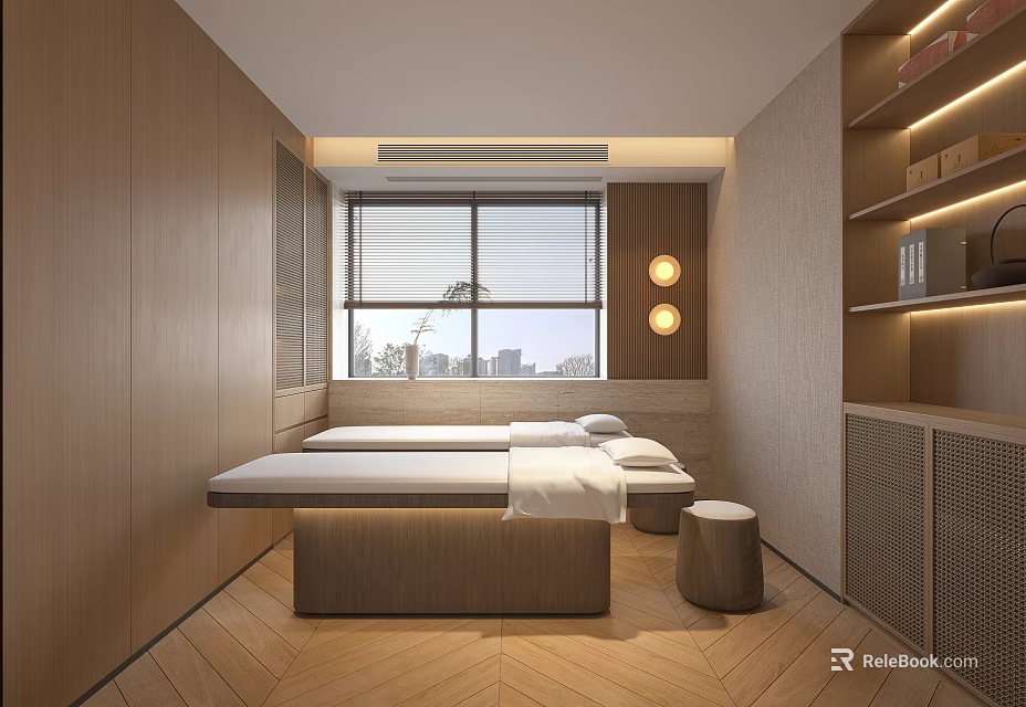 Modern SPA Room With Wooden Decor Massage Beds And Natural Light 3d model 