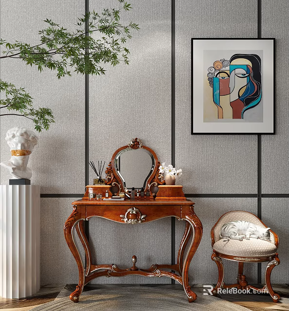 Antique Carved Wooden Dressing Table With Mirror Upholstered Chair And Artwork 3d model 