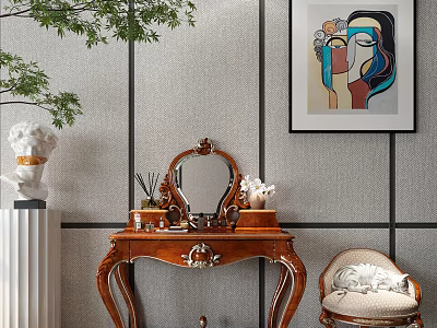 Antique Carved Wooden Dressing Table With Mirror Upholstered Chair And Artwork 3d model
