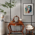 Antique Carved Wooden Dressing Table With Mirror Upholstered Chair And Artwork
