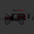 Red Modified Off-Road Vehicle With Open Doors Hood Roof Rack And Large Tires