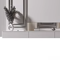 Elegant TV Stand With Flat Screen TV Decorative Vase Striped Wall And Glass Door Bookshelf