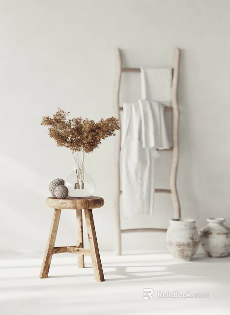 Wooden Round Side Table with Clear Vase Dried Flowers Woven Ball beside Ladder White Towels 3d model 