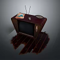 Vintage Retro Computer With Magazine And Small Object On Wooden Surface Gray Background