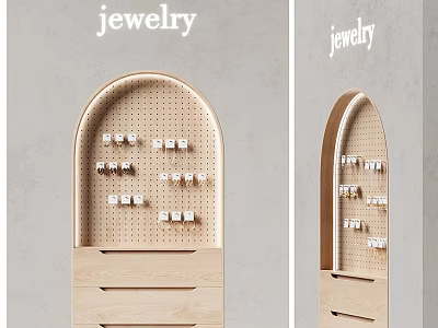 Elegant Wooden Jewelry Display Cabinet with Arched Top and Multiple Hanging Hooks 3d model
