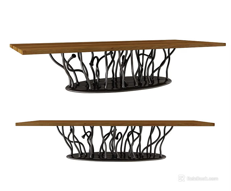 Stylish Dining Table With Wooden Tabletop And Black Metal Twisted Branch Base 3d model 