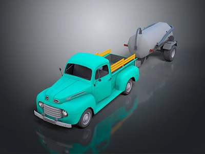 Vintage Turquoise Truck With Yellow Rails Towing Cement Mixer on Dark Background 3d model