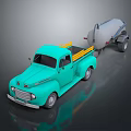 Vintage Turquoise Truck With Yellow Rails Towing Cement Mixer on Dark Background