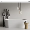 White Bathtub with Striped Bathrobe on Hanger Round Pendant Lights and Wooden Stool with Towels