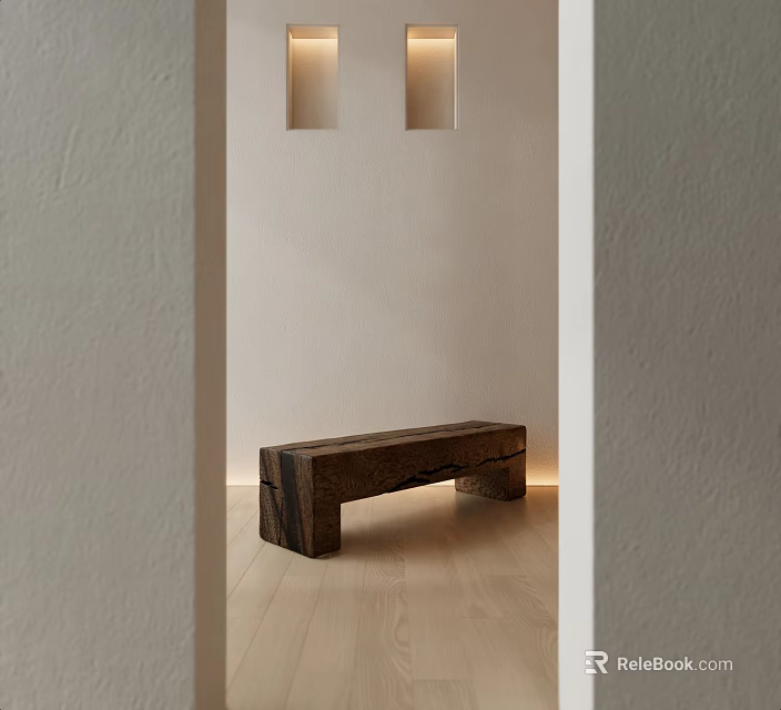 Wooden Bench In Minimalist Space With Light Colored Walls Light Wood Flooring And Recessed Lights 3d model 