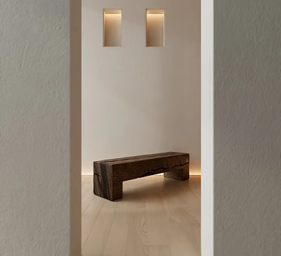 Wooden Bench In Minimalist Space With Light Colored Walls Light Wood Flooring And Recessed Lights 3d model