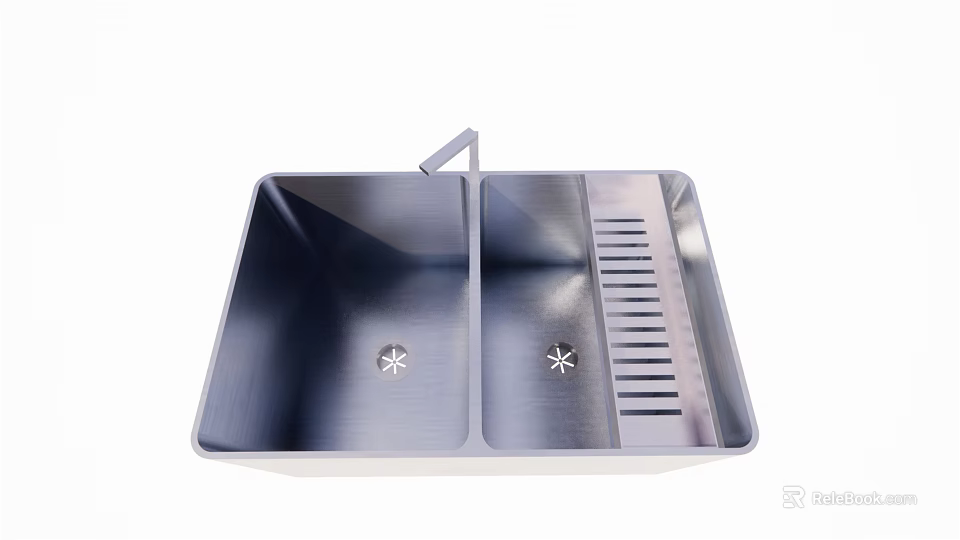 Stainless Steel Double Bowl Kitchen Sink With Drainboard And Faucet Area 3d model 