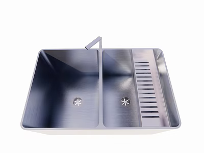 Stainless Steel Double Bowl Kitchen Sink With Drainboard And Faucet Area 3d model