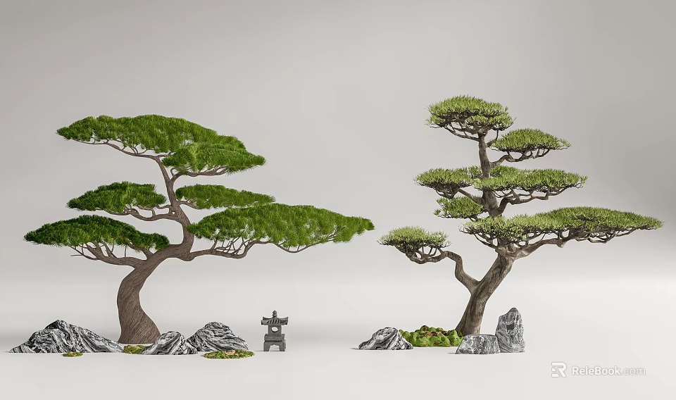 Pair of Decorative Arbor Trees With Unique Branch Structure Rocks And Small Statue 3d model 