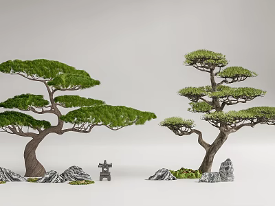 Pair of Decorative Arbor Trees With Unique Branch Structure Rocks And Small Statue 3d model
