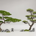 Pair of Decorative Arbor Trees With Unique Branch Structure Rocks And Small Statue