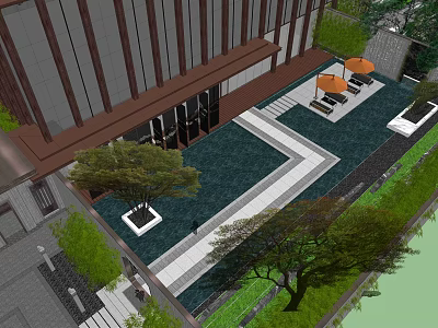 Modern Garden Landscape Design With Water Pool Trees And Seating Area Paving 3d model