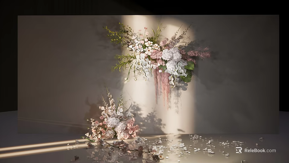 Stunning Floral Installation With Pink White Blooms Green Foliage Wall Mounted Sparkling Scattered Decor 3d model 