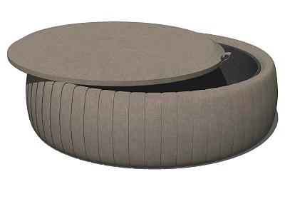 Round Gray Coffee Table With Lift Top Lid And Striped Storage Sides 3d model