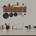 Kitchen Wall Mounted Shelf With Hanging Pans Utensils And Countertop Spice Jars