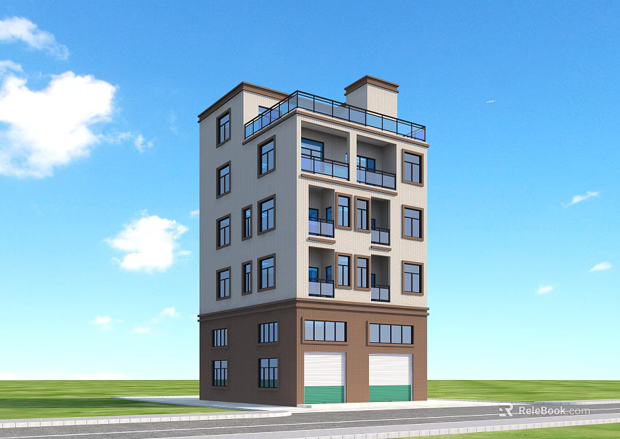 Multi Story Residential Building Exterior With Balconies Windows And Green Garage Doors Under Blue Sky 3d model 