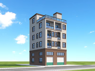 Multi Story Residential Building Exterior With Balconies Windows And Green Garage Doors Under Blue Sky 3d model