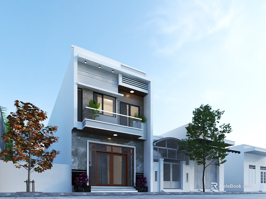 Modern White Townhouse Exterior With Balcony Railings Front Door And Trees 3d model 