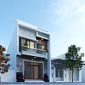 Modern White Townhouse Exterior With Balcony Railings Front Door And Trees