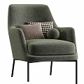 Light Beige Upholstered Accent Chair with Brown Checkered Round Decorative Pillows and Black Metal Legs