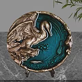 Decorative Ornament Set Featuring Golden Swan Embossed Teal Plate With Stand And Green Leaves