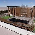 Modern Sales Office Building Featuring Wooden Structure Glass Curtain Walls Water Pool And Steps