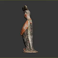 Ancient Chinese Painted Pottery Figure With Traditional Bun Hairstyle Red Robe
