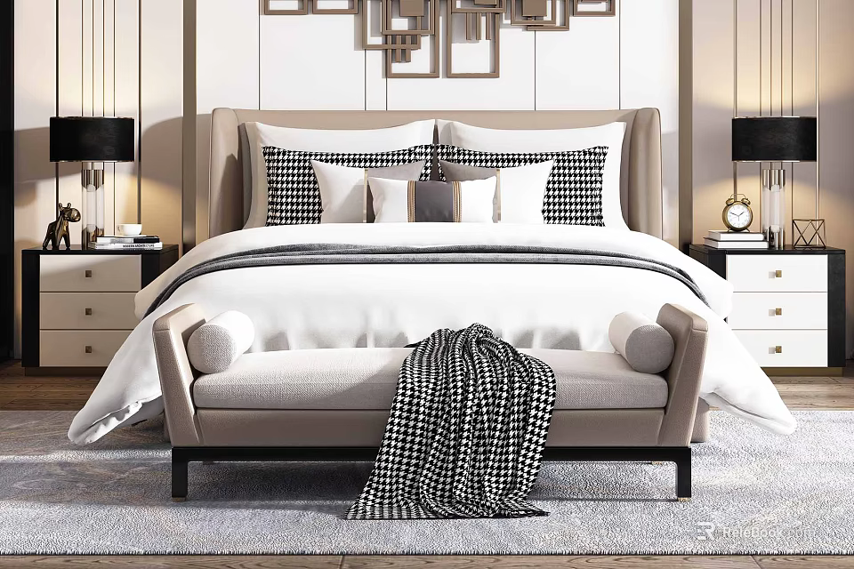 Modern Double Bed Interior With Upholstered Headboard Patterned Pillows Bed Bench And Lamps 3d model