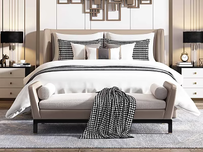 Modern Double Bed Interior With Upholstered Headboard Patterned Pillows Bed Bench And Lamps 3d model