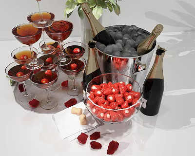 Champagne Bottles And Glasses With Strawberry Bowl Ice Bucket And Rose Petals 3d model Champagne Bottles And Glasses With Strawberry Bowl Ice Bucket And Rose Petals 3d model