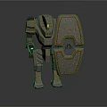 Mechanical Robot Character With Patterned Shield And Articulated Metal Armor
