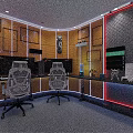 Modern Gaming Room Interior With Ergonomic Chairs Multiple Monitors Neon Lights And Geometric Horse