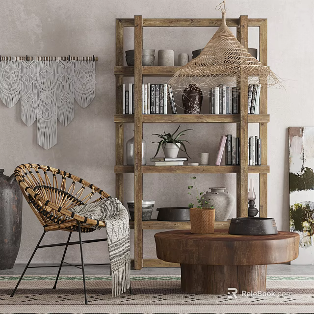 Woven Rattan Lounge Chair In Cozy Room With Wooden Bookshelf Books And Macramé Wall Hanging 3d model 