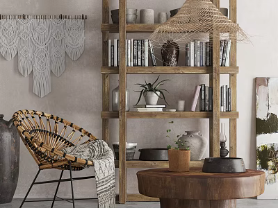 Woven Rattan Lounge Chair In Cozy Room With Wooden Bookshelf Books And Macramé Wall Hanging 3d model