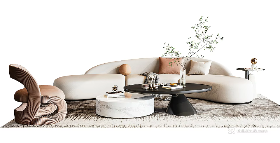 Modern Curved Beige Sofa and Coffee Table Combination with Decorative Pillows Green Plant Soft Rug 3d model 