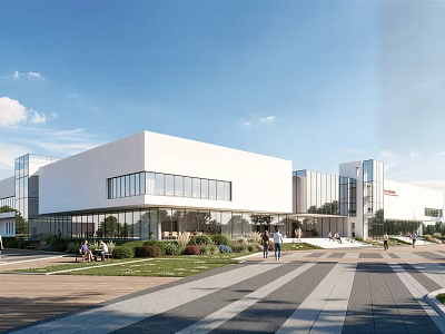 Modern Industrial Factory Building With Large Glass Windows White Exterior And Spacious Entrance Area 3d model