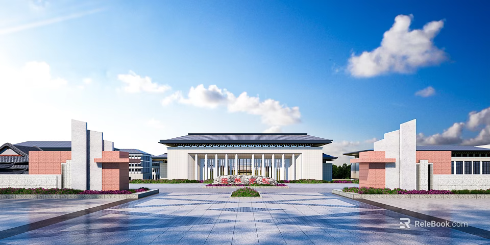 Campus Main School Building Showcasing Symmetrical Design Columned Portico And Spacious Front Plaza 3d model 