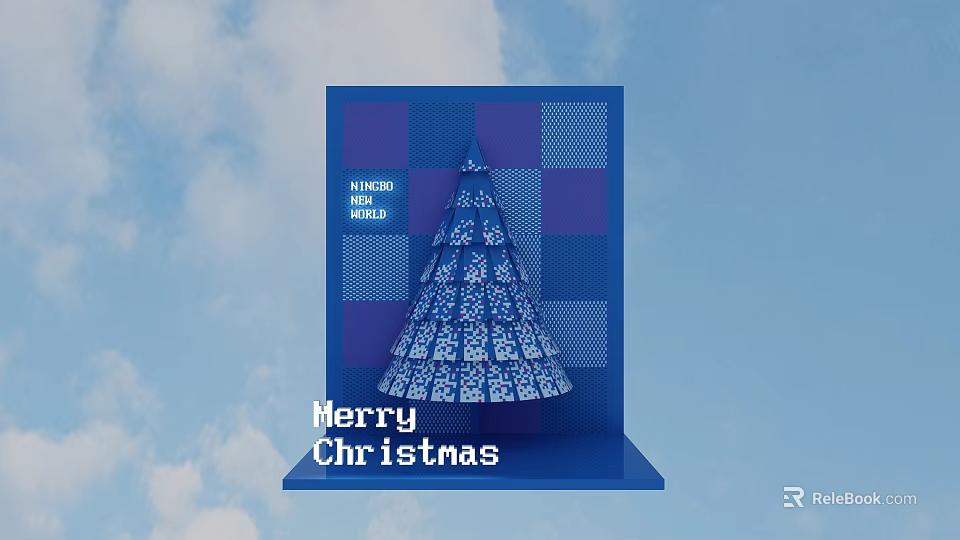 Blue Christmas Tree Decoration Paper Craft Design With Cloudy Sky 3d model