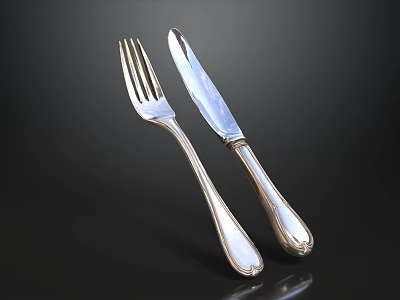 Shiny Silver Fork and Knife Set on Black Background with Glossy Finish 3d model