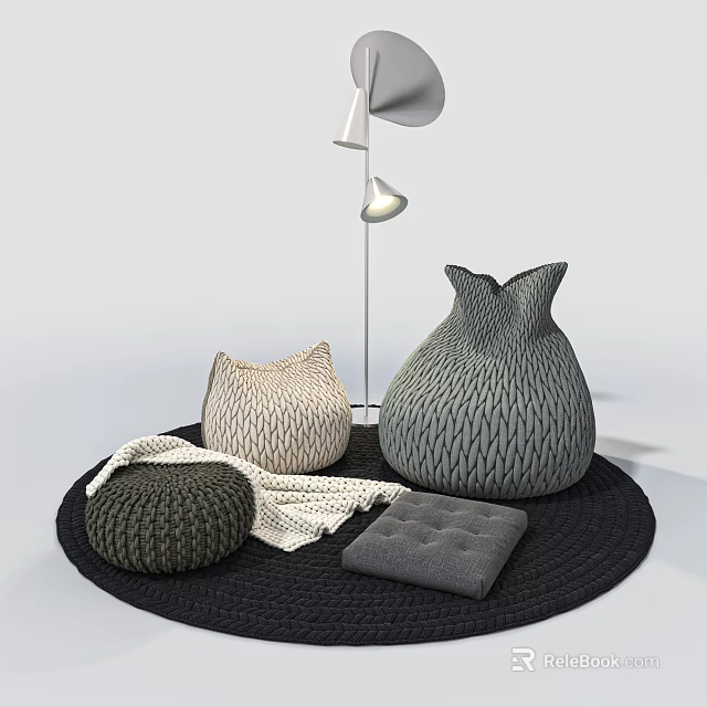 Cozy Knitted Bean Bags With Floor Lamp Blanket And Cushion On Round Rug 3d model 