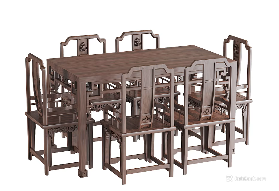 Chinese Style Solid Wood Dining Table Set With Carved Chairs And Classic Design 3d model